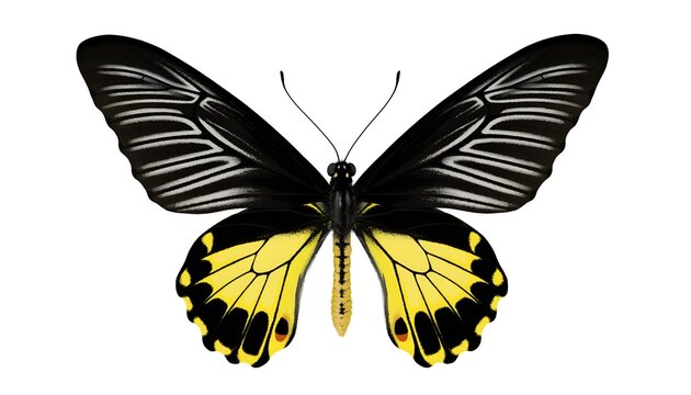 Golden birdwing butterfly with bold black stripes on wings isolated on white background