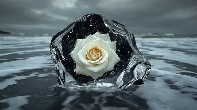 Beautiful white rose encased in melting ice on a stormy beach