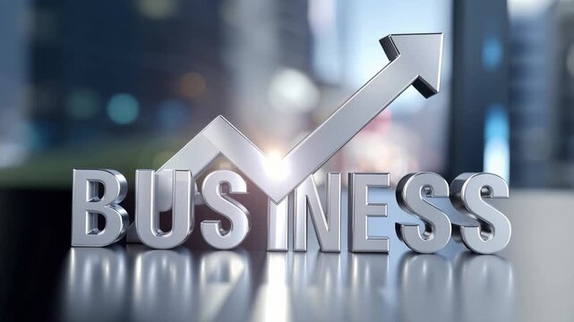 Metal letters spell "BUSINESS" with a rising arrow behind