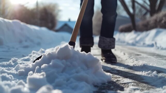 Sunlight glows behind snowy yard. Shovel rests beside a snow mound. Feet stand near cleared path. Winter's chill lingers in air. Sunbeam dances on icy ground. Simple act of clearing snow