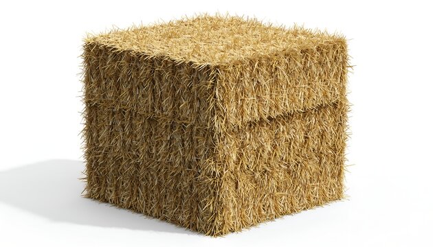 Square hay bale in studio setting; natural straw block for agricultural concept