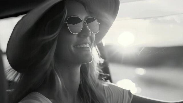 Woman smiles warmly, wearing stylish sunhat and sunglasses. Sunlight glints softly behind her as she drives. Waterway stretches calm and serene behind her. Her expression radiates joy and contentment