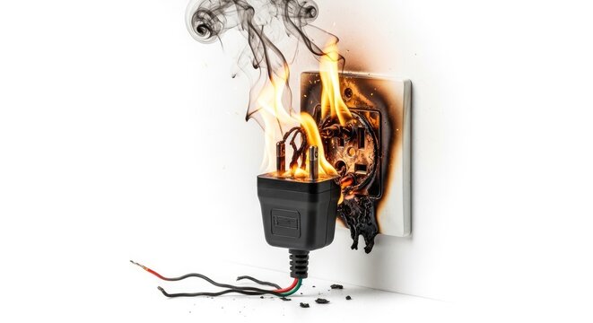 A black electrical outlet bursts into flames, with smoke billowing from the device. The plug is severely charred and melted, exposing the wires.