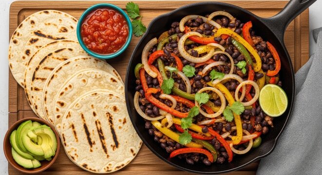 A black cast iron skillet overflows with a vibrant fajita medley. The dish features black beans, colorful bell peppers (red, yellow, orange), sliced onions, and fresh cilantro.
