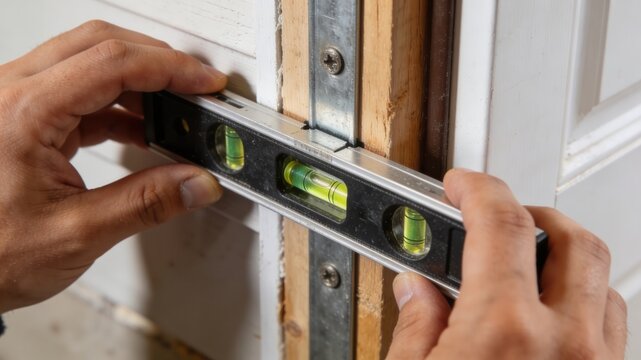 Using a spirit level to check if a door frame is plumb during construction or renovation