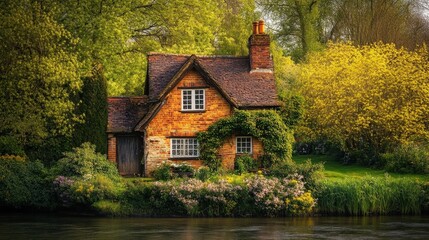 Obraz premium Charming cottage surrounded by vibrant trees and flowers. A peaceful retreat by the water, inviting relaxation and tranquility in nature.
