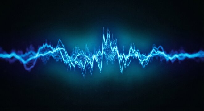 A glowing blue sound wave oscillates across a dark background with vibrant electronic lines.