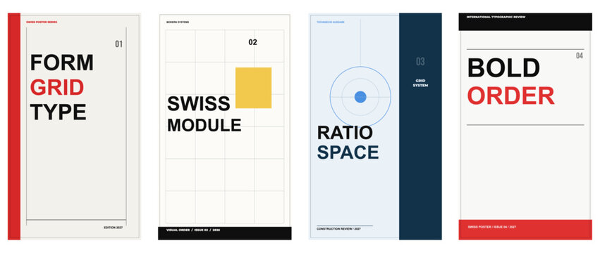 Swiss poster magazine covers, modern editorial grid templates, bauhaus inspired typography layouts, minimal graphic design covers, professional print magazine cover pack