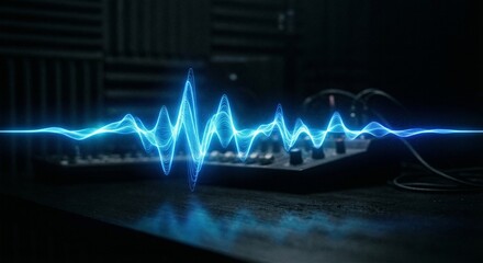 A glowing blue sound wave emanates from a music mixer in a dark room