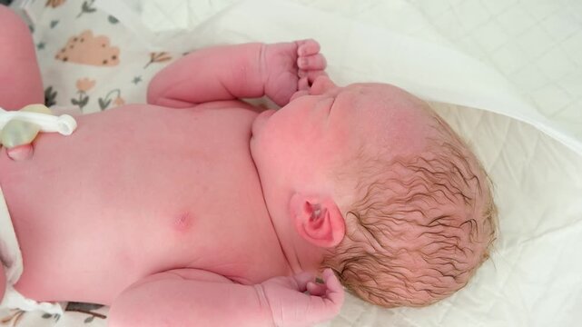 Adorable newborn baby just a few minutes old, laying on a changing table while touching its ear and face, showing the umbilical cord clamp and reddish skin typical of the first day of life