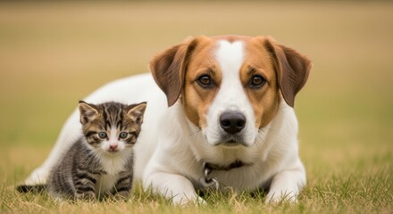 Fototapeta premium A friendly Jack Russell Terrier and a tiny tabby kitten cuddle together on a grassy field. The dog is lying down with its head up, looking directly at the camera.