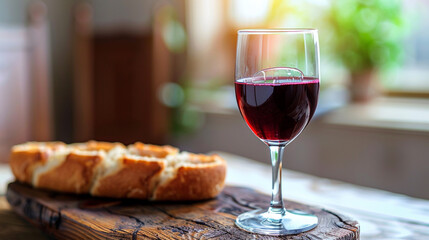 Naklejka premium Rustic glass with Fresh Bread on Wooden Table