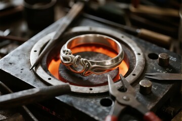 A silver ring with intricate design being heated in a forge during metalworking process