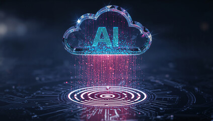 Obraz premium Artificial intelligence cloud computing concept, futuristic AI digital network icon, glowing blue and pink data storage technology on circuit board background