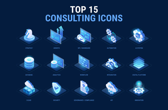 Technology Top Consulting icons set for workflow diagram - AI system, integration, data, automation, analytics, platform, API, security, governance, business strategy - high quality isometric vector