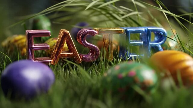 Colorful Easter letters rest in vibrant green grass