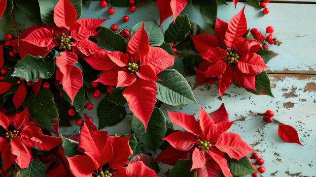 Vibrant red poinsettias adorn rustic wooden surface. Leaves and berries add festive charm to the scene. Bright colors contrast with weathered wood texture. Perfect for holiday-themed projects