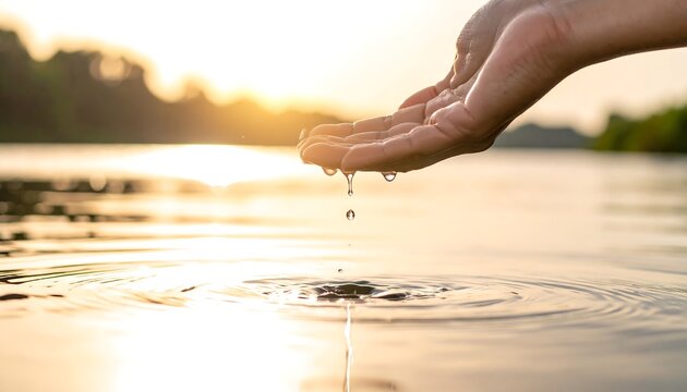 Water flows from outstretched hands into a blurred lake with sun glowing on the horizon behind trees