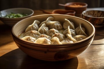 Fototapeta premium Steaming dumplings floating in a savory broth in a ceramic bowl, ready to eat