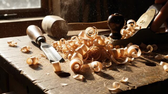 Woodworking Workbench with Shavings and Tools
