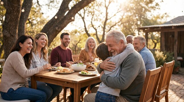 Multi-generational family enjoying a warm outdoor meal together during autumn.
