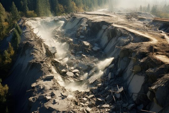 Broken dam creating environmental disaster with flowing water