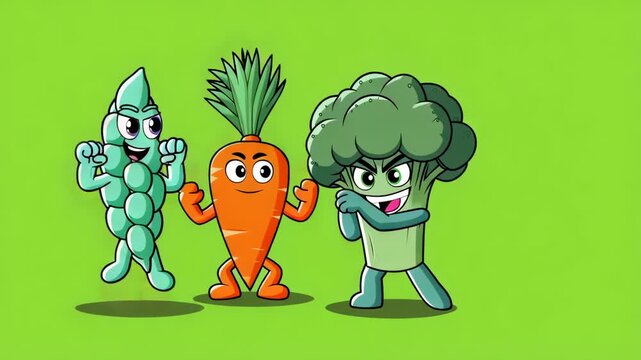 Animated vegetables with funny expressions carrot peas and broccoli standing together promoting healthy eating for kids against a green background
