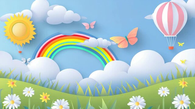 Bright sun shines above fluffy clouds. Rainbow arcs gently through the sky. Butterflies flutter near colorful balloons. Green grass blooms with white and yellow flowers