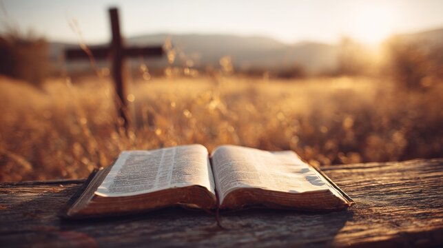 An open Bible on a wooden table with a wooden cross in the background.