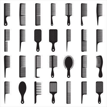 Professional Hair Comb and Brush Silhouettes Vector Icon Set for