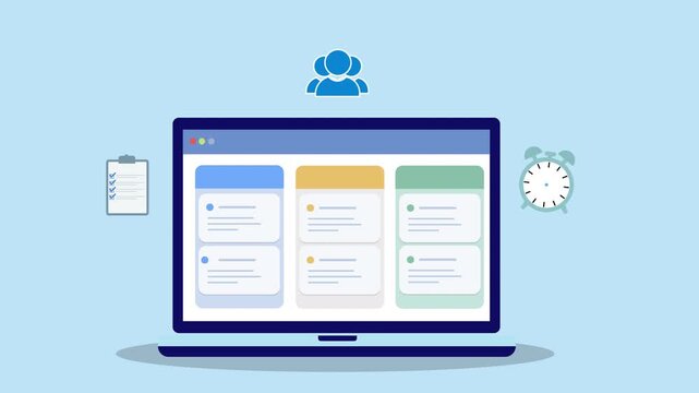 Flat vector animation of laptop project dashboard with team icon, checklist, and timer representing project management, task tracking, productivity workflow, and business organization.
