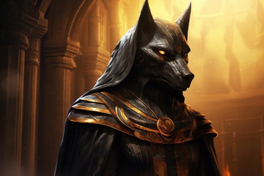 Jackal headed anubis deity standing in a glowing ancient temple