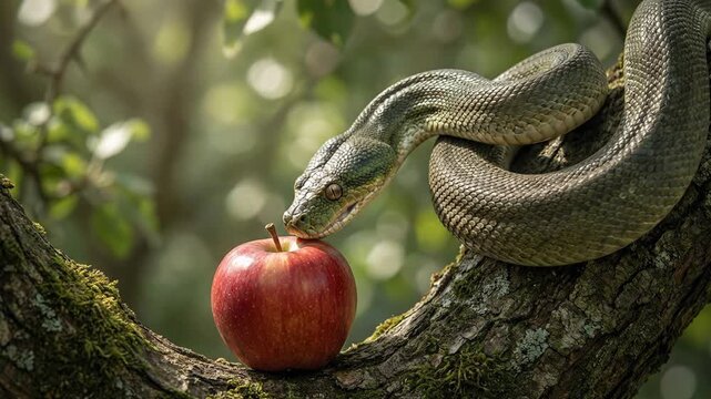 Large green snake wrapped around a textured tree branch reaching for a shiny red apple in a lush forest representing biblical temptation original sin deceit and the garden of eden