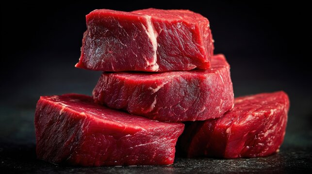 A stack of raw beef steaks on a dark surface.