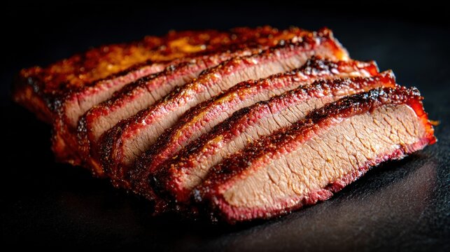 A sliced piece of smoked brisket with a rich, glossy, and slightly charred surface, showcasing the meat's tender texture and the vibrant, smoky flavor.
