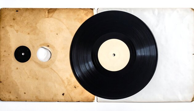 Vinyl record lies between a well-worn paper record jacket and a clean white one