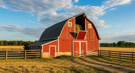 Obraz premium A vibrant red barn stands prominently in a rural landscape. The barn’s large, open doorway reveals a stack of hay bales inside.