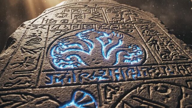 Ancient hero receiving divine equipment etched stone tablet with sun rays
