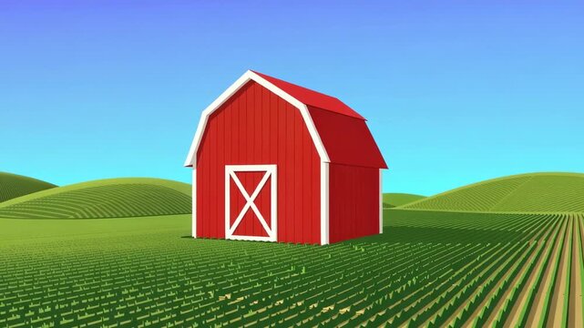 Cartoon farm landscape with red barn animation on green fields under blue sky animated countryside scenery