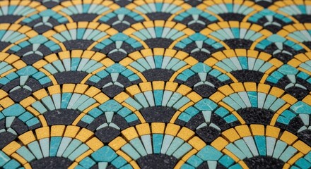 Fototapeta premium Intricate Fan Shaped Geometric Mosaic Tile Pattern With Blue, Yellow, and Black Accents