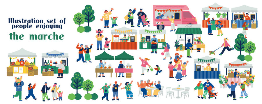 マルシェイベント風景 人々で賑わう屋外マーケットのイラスト
