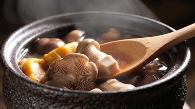 Steaming bowl of mushrooms and vegetables with a wooden spoon inside.