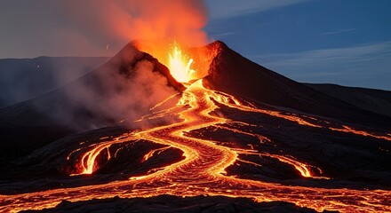 A powerful volcano erupts, spewing molten lava into the night sky. The fiery orange and red lava flows down the steep slopes of the volcano, creating a dramatic and intense scene.