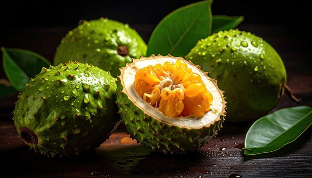 Ripe soursop fruits with green spiky skin and juicy yellow pulp presented against a dark background perfect for food advertising