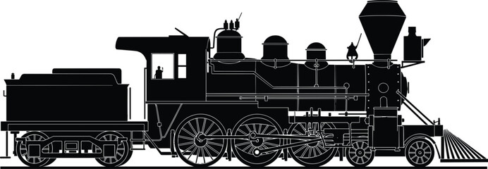 Vintage steam locomotive silhouette illustration, classic railway engine side view, retro train transport vector, black steam train design, historical railroad transportation icon © mafuja