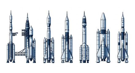Collection of various rockets and spacecraft standing ready for launch. © Nayla