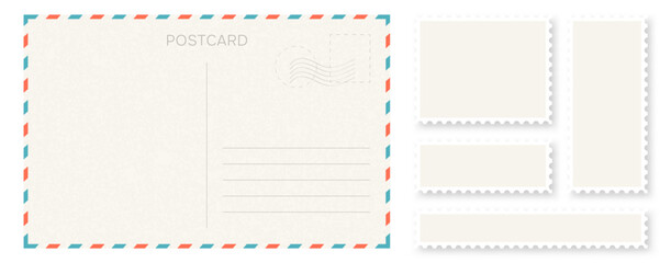 Blank retro postcard template with stamps and address lines. Retro postcard design with stylish decorative frames and space for text. Minimalist postcard layout with blank postage stamps. Vector