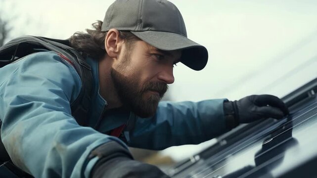 Man inspects solar panels closely. He wears cap and gloves. Focused gaze suggests expertise. Outdoor setting with diffuse light. Utility work implied by posture. Clean, professional visual tone
