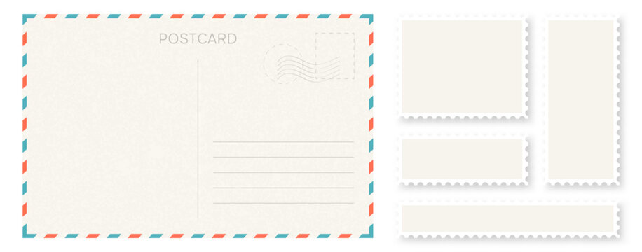 Blank retro postcard template with stamps and address lines. Retro postcard design with stylish decorative frames and space for text. Minimalist postcard layout with blank postage stamps. Vector