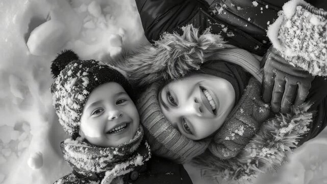Snow blankets ground around smiling child and parent. They lie side-by-side in snowy blanket. Child wears knit hat and scarf, smiling up. Parent wraps arms around child, laughing